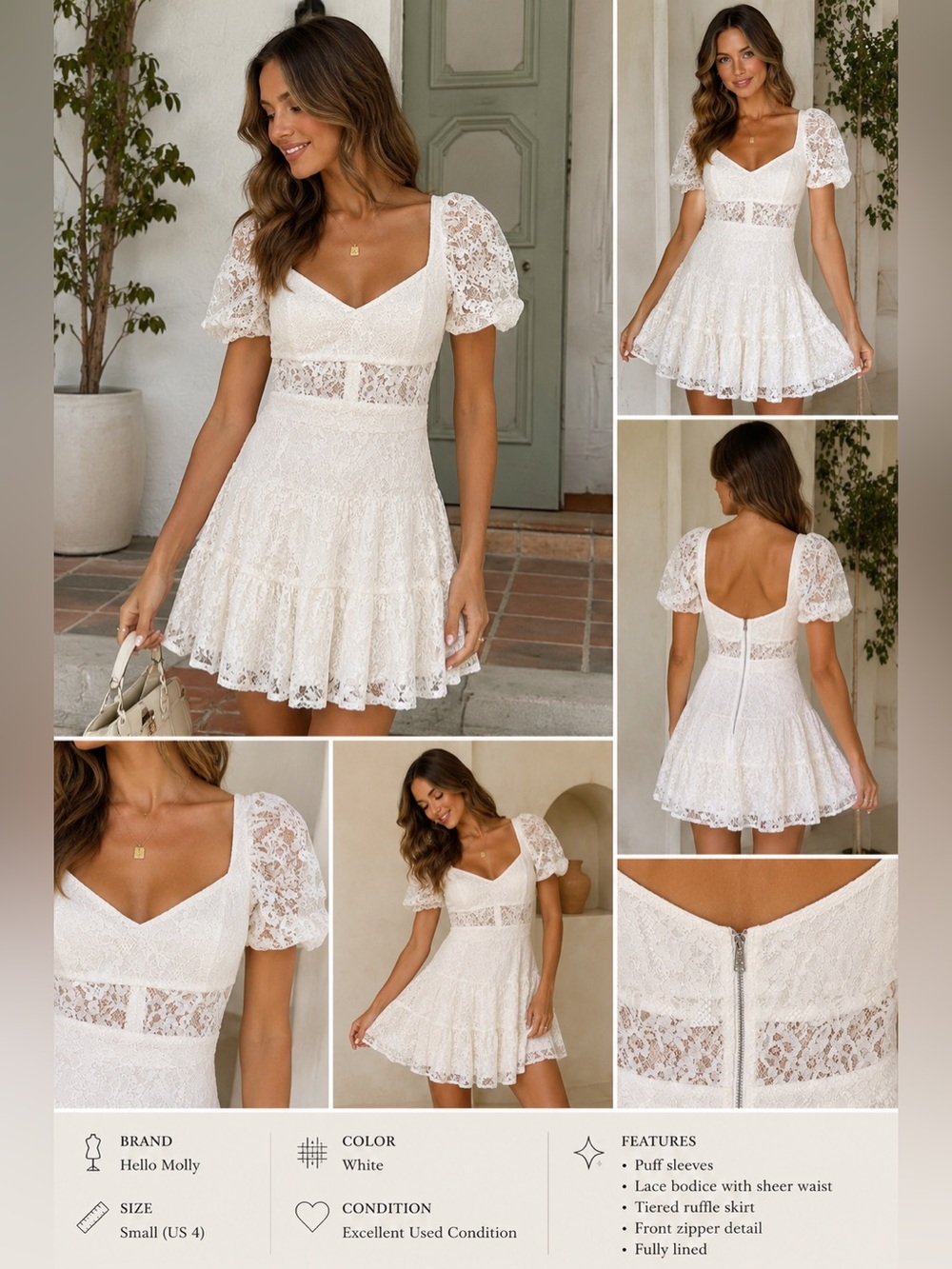 Hello Molly White Lace Puff Sleeve Mini Dress Size Small US 4 Boho Cottagecore